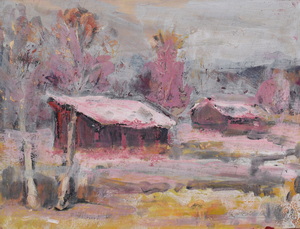 Werkverzeichnis Nr. 1656, um 1993, Dachauer Moos mit zwei Hütten im Winter, Acryl auf Karton, 37,3 x 48,2 cm