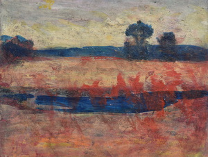 Werkverzeichnis Nr. 1643, um 1993, Gewässer in Mooslandschaft mit Wald im Hintergrund, Öl auf Karton, 37,6 x 49,0 cm