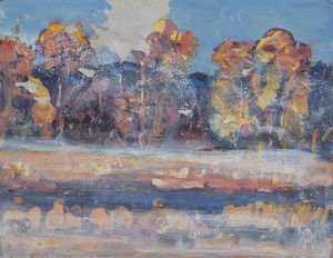 Werkverzeichnis Nr. 1644, um 1993, Gewässer mit Bäumen und Hügeln, Acryl auf Karton, 37,7 x 48,8 cm