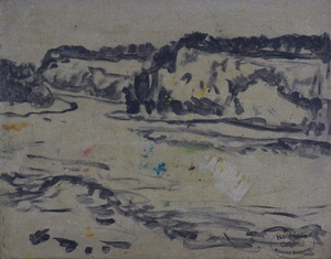 Werkverzeichnis Nr. 1653, um 1993, Flusslandschaft mit Hügeln, Acryl auf Karton, 38,0 x 48,5 cm