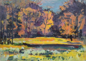 Werkverzeichnis Nr. 1647, um 1993, Teich am Waldrand, Öl auf Karton, 38,4 x 53,1 cm