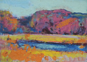Werkverzeichnis Nr. 1648, um 1993, Teich mit Bäumen und Hügeln, Öl auf Karton, 38,4 x 53,2 cm