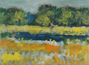 Werkverzeichnis Nr. 1649, um 1993, Gewässer mit Schilf vor einem Wald, Acryl auf Karton, 38,5 x 52,8 cm