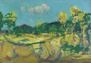 Werkverzeichnis Nr. 1651, um 1993, Bäume in Mooslandschaft mit Wald und einer angedeuteten Hütte, Öl auf Karton, 40,0 x 57,0 cm