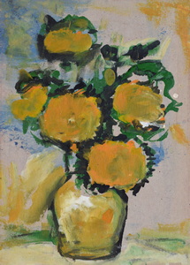 Werkverzeichnis Nr. 1665, um 1993, Chrysanthemen in ocker Vase vor rosa Hintergrund, Acryl auf Karton, 47,5 x 34,4 cm