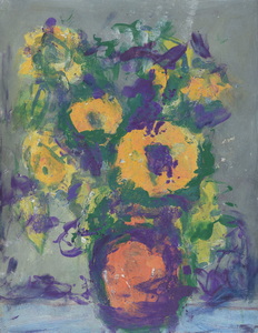 Werkverzeichnis Nr. 1666, um 1993, Sonnenblumen in brauner Vase mit violetten Strichen überarbeitet, Acryl auf Karton, 48,5 x 37,5 cm