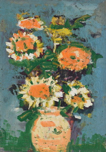 Werkverzeichnis Nr. 1667, um 1993, Sonnenblumen in ocker Vase vor blaugrauem und grünem Hintergrund, Acryl auf Karton, 57,0 x 40,7 cm
