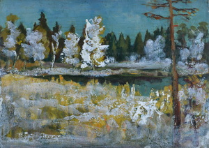 Werkverzeichnis Nr. 1657, um 1993, Mooslandschaft mit Bäumen, Acryl, Öl auf Karton, 40,0 x 56,8 cm