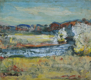 Werkverzeichnis Nr. 1655, um 1993, Bach mit Bäumen und Wald, Acryl, Öl auf Karton, 29,1 x 33,2 cm, bez. u.l.: K. Sommer