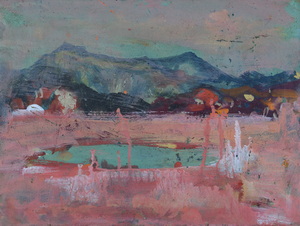 Werkverzeichnis Nr. 1640, 1993, Wasserfläche vor Herzogstand und Heimgarten, Öl auf Karton, 29,8 x 39,3 cm