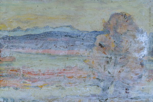 Werkverzeichnis Nr. 1641, 1993, Landschaft mit See, Acryl, Öl auf Karton, 31,3 x 46,3 cm