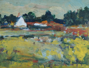 Werkverzeichnis Nr. 1658, um 1993, Wiesen mit Häusern und Bäumen, Acryl, Öl auf Karton, 37,2 x 49,7 cm
