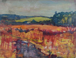 Werkverzeichnis Nr. 1650, um 1993, Kleine Wasserfläche in hügeliger Landschaft, Acryl, Öl auf Karton, 38,0 x 48,3 cm