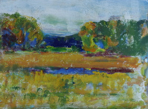 Werkverzeichnis Nr. 1652, um 1993, Mooslandschaft mit Wasserfläche und Wald, Öl auf Karton, 38,3 x 52,7 cm