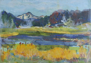 Werkverzeichnis Nr. 1660, um 1993, See vor einem Wald mit einem Berg, Acryl, Öl auf Karton, 40,0 x 59,0 cm