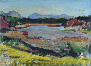 Werkverzeichnis Nr. 1639, 1993, Großer Ostersee mit Herzogstand und Heimgarten, Öl auf Karton, 41,50 x 56,0 cm