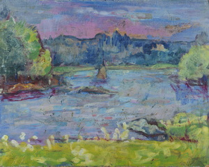 Werkverzeichnis Nr. 1654, um 1993, Felsen in einem Fluss, Acryl auf Karton, 38,0 x 48,5 cm