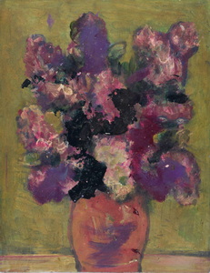 Werkverzeichnis Nr. 1669, um 1993, Fliederstrauß in brauner Vase, Öl auf Karton, 48,80 x 38,1 cm