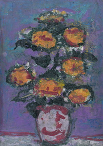 Werkverzeichnis Nr. 1668, um 1993, Sonnenblumen in weißer Vase auf weißem Tisch, Acryl, Öl auf Karton, 52,7 x 38,0 cm