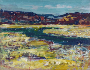 Werkverzeichnis Nr. 1661, um 1993, Wasserfläche vor hügeliger Landschaft, Öl auf Hartfaser, 56,7 x 71,5 cm