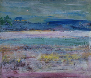 Werkverzeichnis Nr. 1645, um 1993, Gewässer mit weiten Wiesen und Wald, Öl auf Karton, 30,2 x 34,9 cm