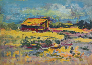Werkverzeichnis Nr. 1681, um 1994, Dachauer Moos mit Hütte, Acryl, Öl auf Karton, 38,2 x 53,2 cm