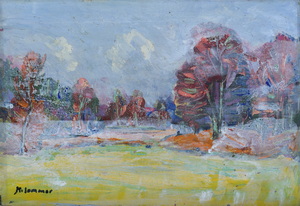 Werkverzeichnis Nr. 1671, um 1994, Übermalte flache Landschaft mit Bäumen, Acryl, Öl auf Karton, 39,8 x 59,1 cm, signiert u.l.: K. Sommer