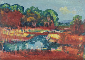 Werkverzeichnis Nr. 1677, 1994, Teich mit Bäumen, Acryl auf Karton, 40,1 x 57,0 cm