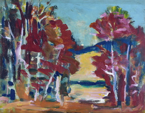 Werkverzeichnis Nr. 1688, um 1994, Bäume mit Hügeln, Acryl auf Karton, 40,3 x 52,1 cm