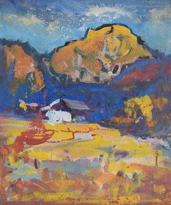 Werkverzeichnis Nr. 1689, um 1994, Haus im Gebirge, Öl auf Karton, 56,2 x 47,4 cm