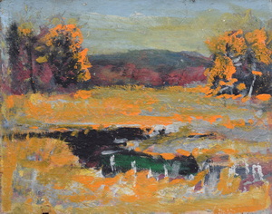 Werkverzeichnis Nr. 1680, um 1994,  Mooslandschaft mit orangeocker Übermalung, Öl auf Hartfaser, 56,2 x 70,5 cm
