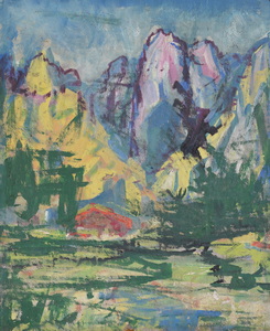 Werkverzeichnis Nr. 1693, um 1994, Scharitzkehlalm im Endstal, Berchtesgadener Land, Öl auf Hartfaser, 59,8 x 49,4 cm