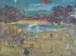 Werkverzeichnis Nr. 1674, um 1994, Wiesen, Gewässer mit Bäumen, Acryl, Öl auf Karton, 30,3 x 40,2 cm