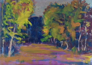 Werkverzeichnis Nr. 1687, um 1994, Bäume an einem Waldrand,  Öl auf Karton, 38,0 x 53,1 cm