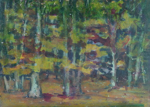 Werkverzeichnis Nr. 1685, um 1994, Blick in einen Wald,  Öl auf Karton, 38,1 x 52,8 cm