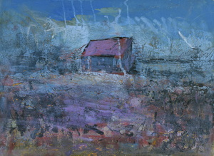 Werkverzeichnis Nr. 1682, um 1994, Hütte im Dachauer Moos, Acryl, Öl auf Karton, 38,2 x 53,2 cm