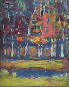 Werkverzeichnis Nr. 1684, um 1994, Bäume an einem Teich,  Öl auf Karton, 40,3 x 31,4 cm