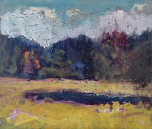 Werkverzeichnis Nr. 1673, um 1994, Moorsee mit Bäumen, Acryl, Öl auf Karton, 48,9 x 56,6 cm