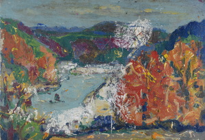 Werkverzeichnis Nr. 1670, um 1994, Isar mit Georgenstein,  teilweise weiß übermalt, Acryl, Öl auf Karton, 52,8 x 76,8 cm