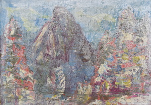 Werkverzeichnis Nr. 1697, um 1994, Blick auf einen Berg, weiß übermalt, Acryl, Öl auf Karton, 57,0 x 80,2 cm