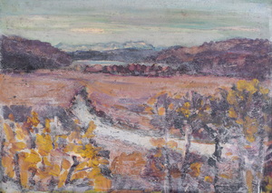 Werkverzeichnis Nr. 1690, um 1994, Voralpenlandschaft, teilweise weiß übermalt, Acryl Öl auf Karton, 57,0 x 80,3 cm