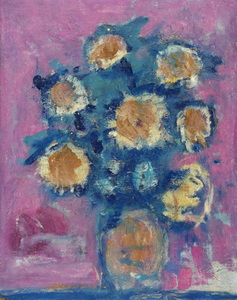 Werkverzeichnis Nr. 1698, um 1994, Sonnenblumen vor pinker Wand, Öl auf Hartfaser, 71,0 x 56,7 cm