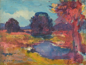 Werkverzeichnis Nr. 1705, um 1995, Amper mit Bäumen,  Öl auf Karton, 29,5 x 39,0 cm