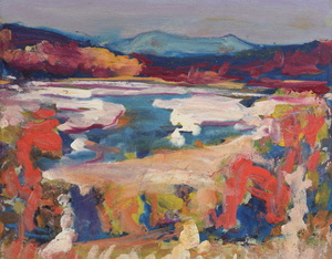 Werkverzeichnis Nr. 1699, um 1995, Isar mit Herzogstand und Heimgarten im Hintergrund, Acryl auf Karton, 37,3 x 46,5 cm