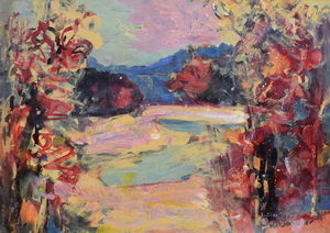 Werkverzeichnis Nr. 1717, um 1995, Blick zwischen Bäumen auf ein Gewässer und Berge, Acryl auf Karton, 38,2 x 52,8 cm