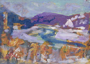 Werkverzeichnis Nr. 1701, 1995, Isar mit weißen Kiesbänken, Acryl auf Karton, 38,4 x 53,1 cm