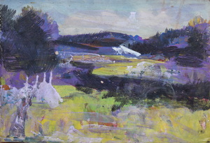 Werkverzeichnis Nr. 1720, um 1995, Flußlandschaft, Acryl/Mischtechnik auf Karton, 40,3 x 59,5 cm