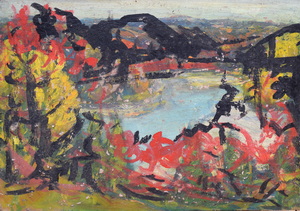 Werkverzeichnis Nr. 1718, um 1995, Blick auf einen Alpensee, Acryl auf Karton, 40,5 x 57,1 cm