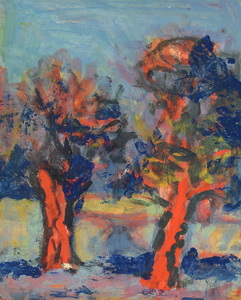 Werkverzeichnis Nr. 1725, um 1995, Zwei Bäume, Acryl, Öl auf Karton, 45,0 x 36,5 cm