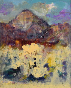 Werkverzeichnis Nr. 1731, um 1995, Berg mit Ocker Bäumen im Vordergrund, Öl auf Karton, 46,0 x 37,0 cm